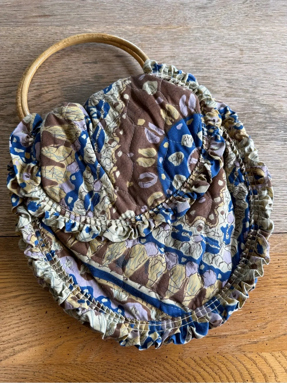 Handmade Vntg Quilted Ruffle Handbag Bamboo Ring Handles Boho Cottagecore Purse